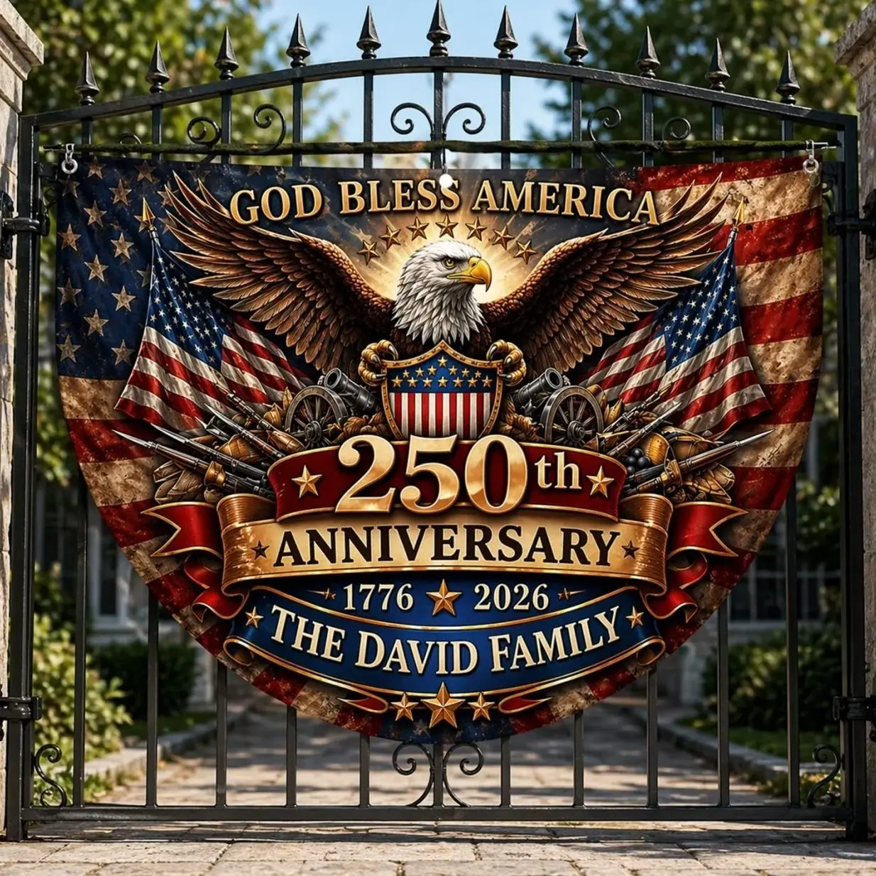 Personalized USA 250th Anniversary Bunting Flag 1776-2026, Custom Family Name Patriotic America Bunting, Non-Pleated Fan Flag for Porch