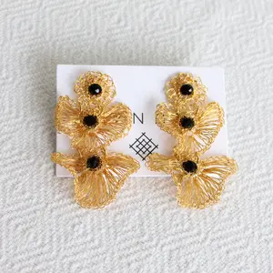 Cascading onyx crochet ruffled earrings - Long gold earrings with black onyx beads