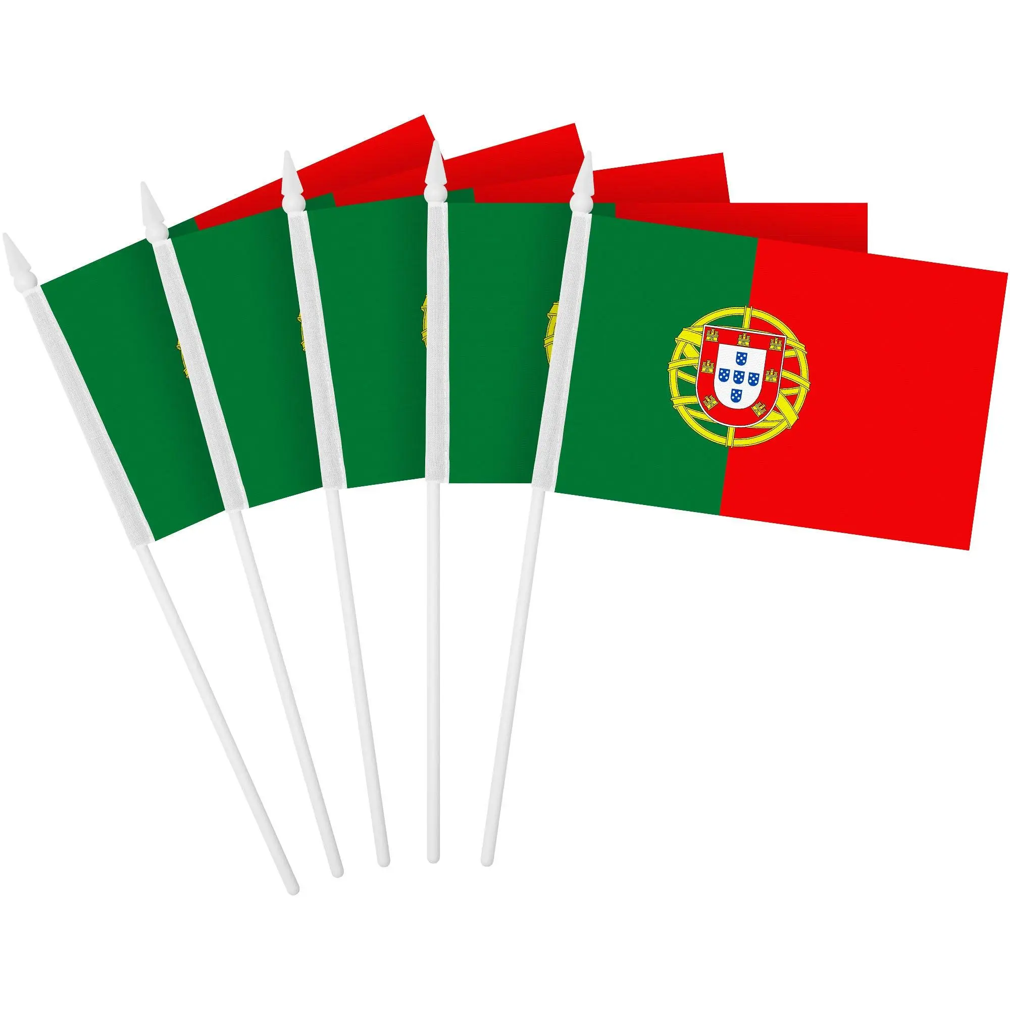 G128 24 Pack Handheld Portugal Portuguese Stick Flags | 4x6 In | Printed 150D Polyester, Country Flag, Solid Plastic Stick, Spear White Tip