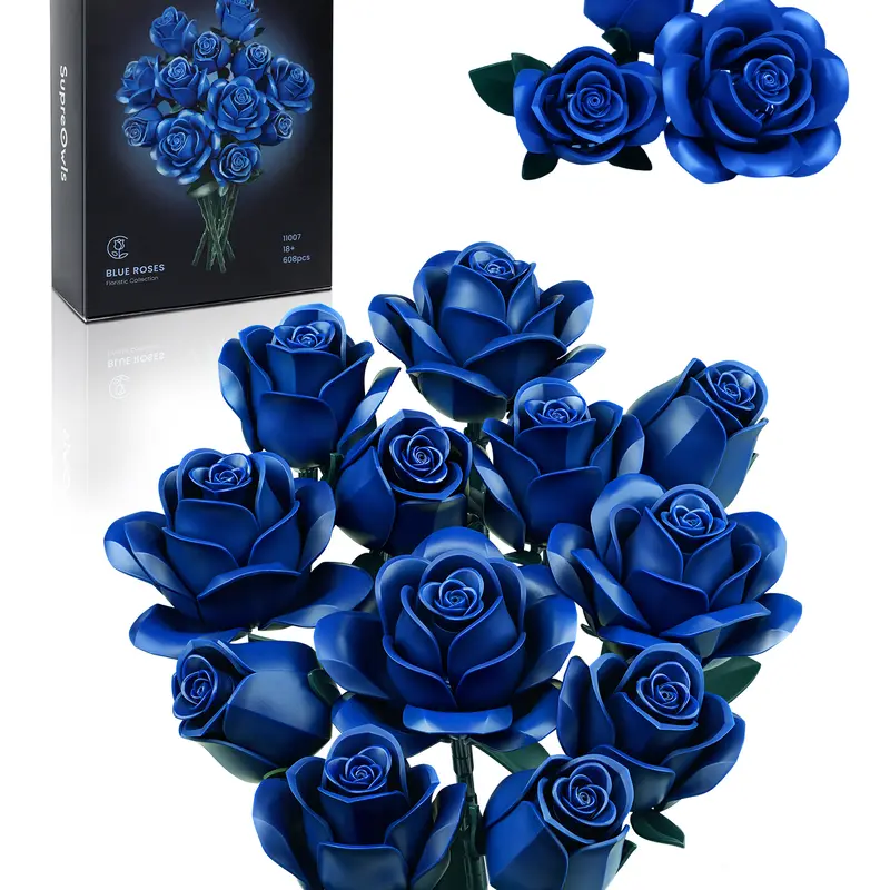 Supreowls Blue Rose Bouquet Building Set, Botanical Collection Blocks Kit for Adults and Women, Elegant Gothic Artificial Flowers for Home Decor, Ideal for Valentine’s Day & Halloween & Christmas Gift