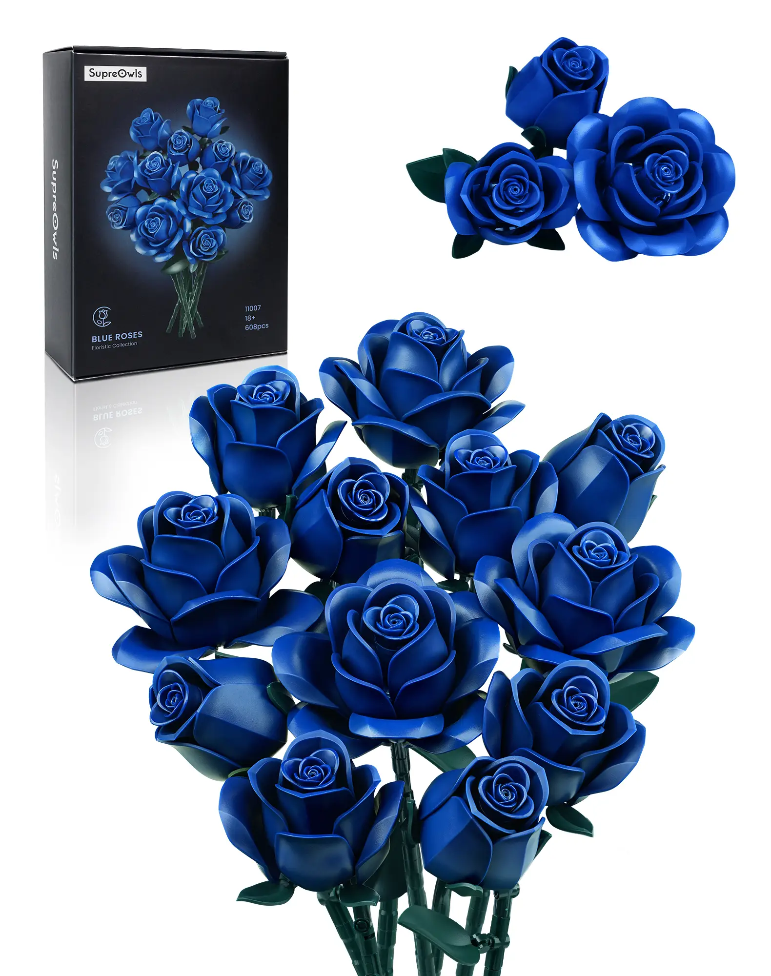 Supreowls Blue Rose Bouquet Building Set, Botanical Collection Blocks Kit for Adults and Women, Elegant Gothic Artificial Flowers for Home Decor, Idea