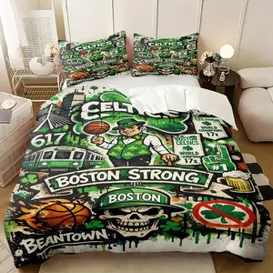 Graffiti Style Printed Comforter Set, Including A Comforter and 1/2 Pieces of Pillowcases Without Core, Boston Celtics Theme, In Black, Green and White As The Main Color Palette, Fashionable Warm Bedroom Bedding Bedding Sets