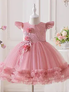 4-8Y Sequins Beading Pink Kids Clothes Applique Flower Girls Frock Ball Gown Pageant Children Elegant Princess Prom Host Formal Evening Party Banquet Cocktail Dress