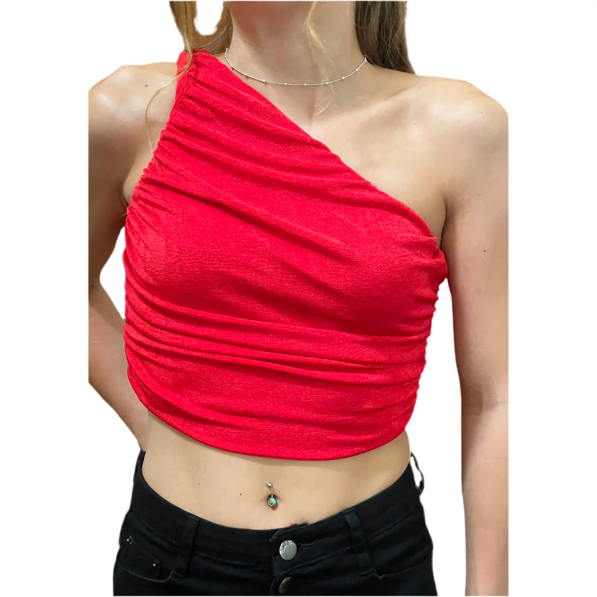 Red One Shoulder Ruched Crop Top Womenswear Day breeches and crop top straps plain tops Polyester Gorgeous