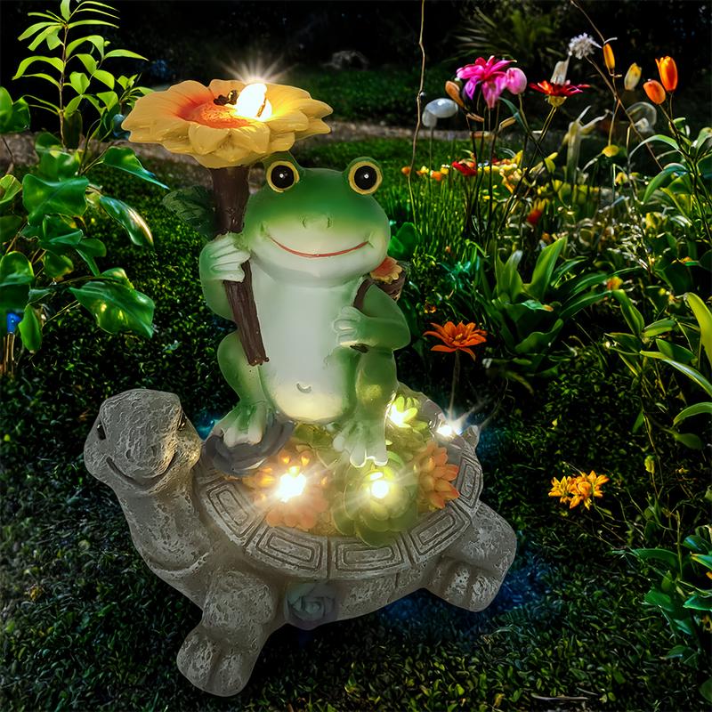 Solar Garden Statue Fairy Animal Figurine Light for Outside Outdoor Decorations Resin Turtle Statues Pathway Light for Patio Yard Lawn with Sunflower and Succulent Details