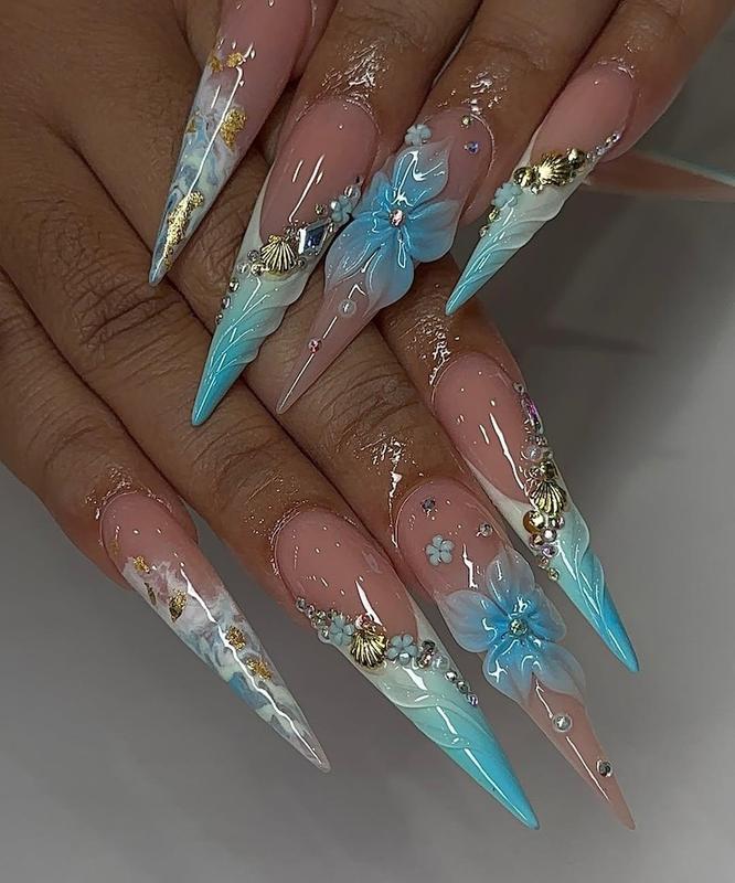 Ocean Breeze Fantasy Press On Nails  3D Blue Floral & Shell Charms  Mermaidcore Aqua Ombre Nail Art  Handmade Long Stiletto Nails