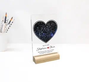 Personalized acrylic sky map our first date with wood stand for mother, wife, girlfriend, husband, boyfriend - custom coordinates
