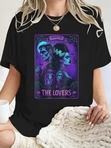 Women's Frankenstein Bride Tarot Card Print Fitted T-Shirt, Stretchy Soft Stretch Round Neck Short Sleeve, Casual Streetwear Summer Spring Top, Vacation Wear Lady, Casual Basic Tees