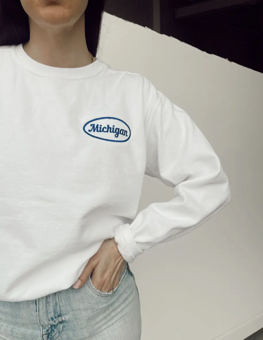 Michigan Patch Embroidery White Crew Sweatshirt