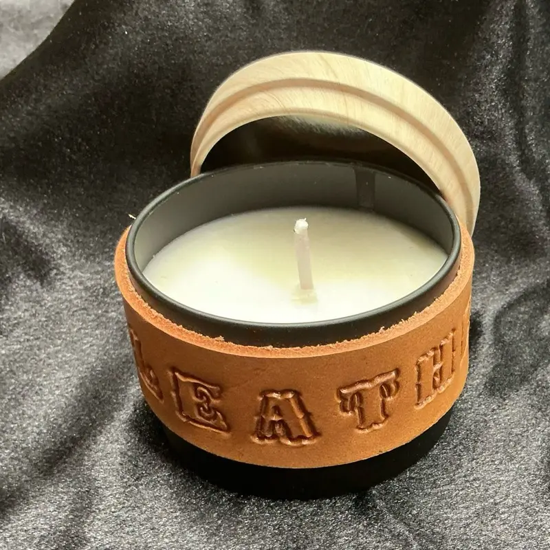Leather Scented 4 oz Candle, Featuring a Full-Grain Leather Hand-Stamped Strip