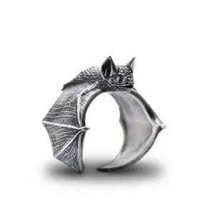 Retro Dark Bat Ring For Men Gold Silver Color Street Punk Gothic Adjustable Ring Handmade Jewelry Accessories Man Gift Halloween