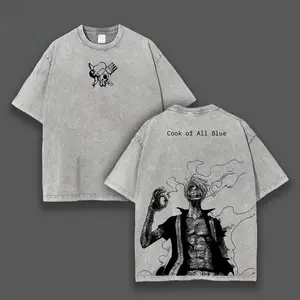 valentine shirts  Retro Vintage Limited "Sanji" Anime Double Printed Washed Tee Unisex Oversize Anime Manga Acid Washed Lightweight Cotton T-Shirt