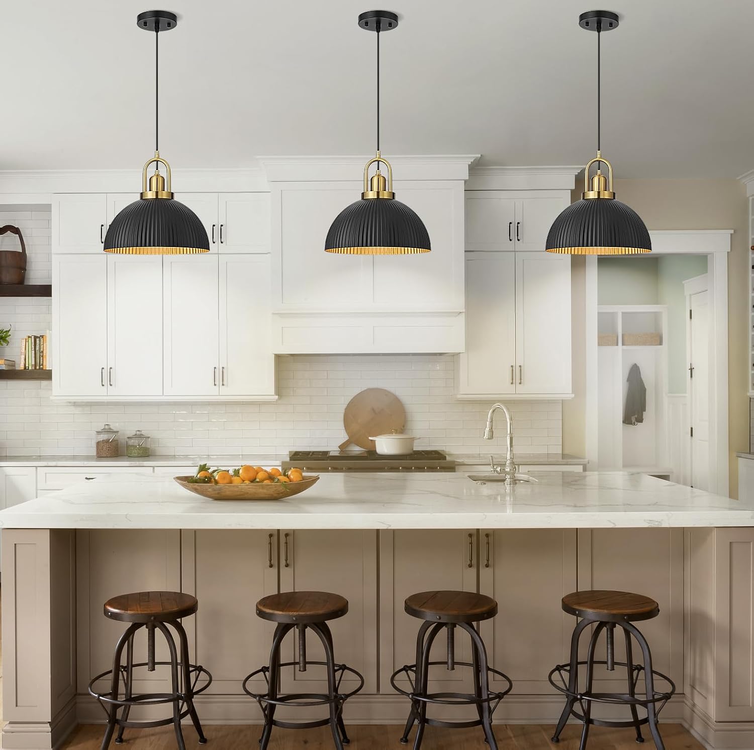 Pendant Lights Kitchen Island, Black Metal Farmhouse Pendant Light Fixtures, 11.8" Industrial Modern Hanging Light for Dining Room Bedroom Cafe Bar (Black/Gold, 1 Pack)