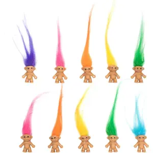 10 PCS Long-haired Lucky Mini Troll Dolls, Assorted Hair Colors, 0.78" Bodies, 2" Hair. Cake Toppers, Action Figures, School Project, Arts and Crafts, Party Favors