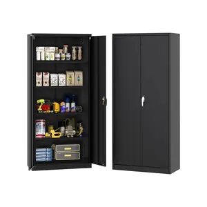 Lockable and movable metal storage cabinet -71 inch high steel storage cabinet with 4 adjustable shelves, locked doors, and wheels - providing secure storage of documents and tools for homes, offices, garages, or workshops
