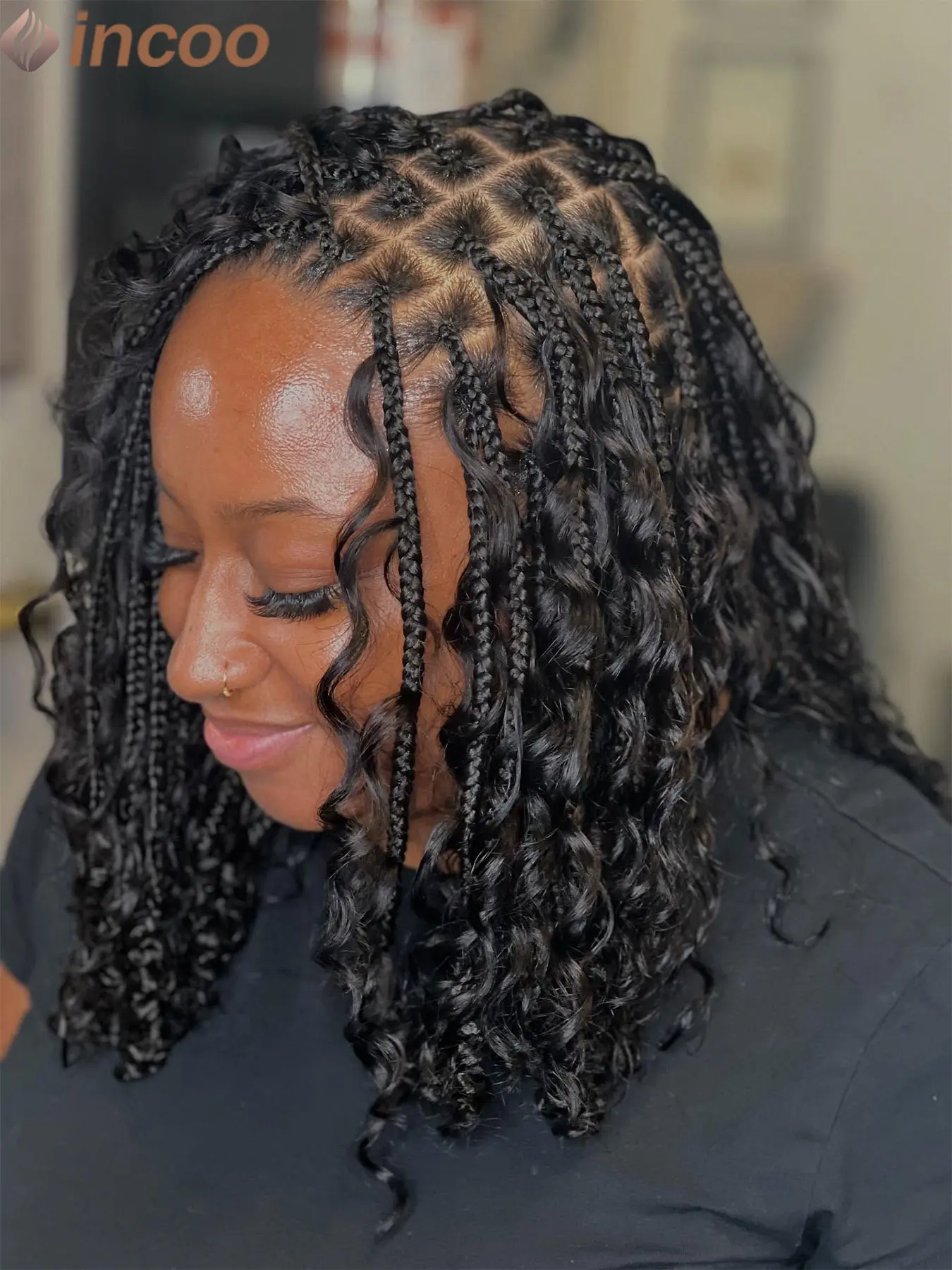 Boho Box Braids Human Hair Wig Full Lace Glueless Knotless 12 Inch Full Lace Glueless Knotless Boho Goddess Box Braid Long  main image 2
