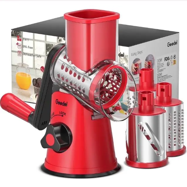 Geedel Rotary Cheese Grater Kitchen Grater Vegetable Slicer with 3 Interchangeable Blades Powerful Suction Dishwasher Safe Easy to Clean Grater for Vegetable Fruit Nuts