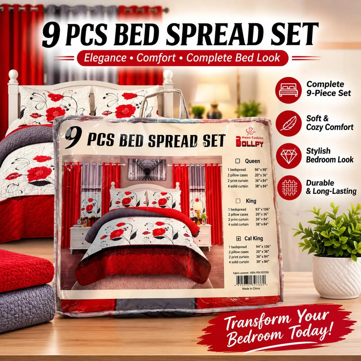9-Piece Bedspread Set – Soft Microfiber Bedding Set with Pillowcases & Decorative Cushion Covers – Queen/King/California King – Machine Washable