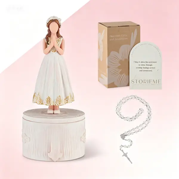 Gifts for Girls First Communion: Catholic Keepsake Box with Rosary Cross Bracelet - Holy Communion Decorations Christian Present for Baptism Confirmation Reusable Storage