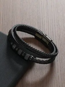 Men's Simple Plain Color Tiered Layered Bracelet, Leather Braided Bracelet, Fashionable Streetwear Accessories for Men, Trendy All-match & Exquisite Jewelry As Gift