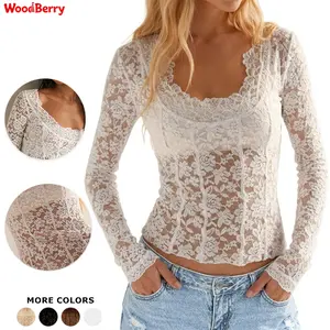 Woodberry Women's Longsleeves Lace Sheer Floral Blouse, Casual Chic Lady Top with Nylon Fabric, Elegant Scoop Neck, Scalloped Trim, Fitted Design for Layering summerwins