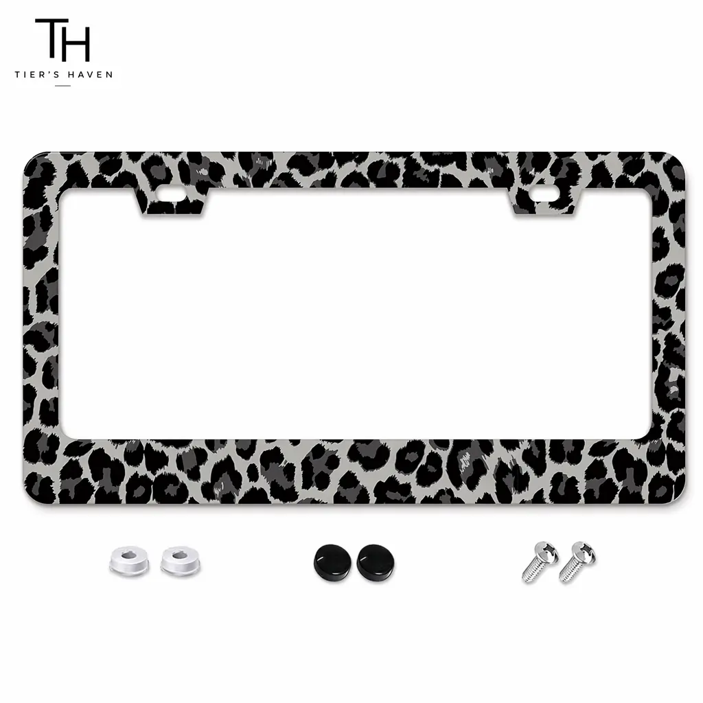 Tier's Haven Black Gray Leopard Print License Plate Frame, Cute Aesthetic Stainless Steel Car Tag Holder, Trendy Car Accessories for Women Men, 2 Hole 6.3" x 12.2" Fit US Standard Vehicles