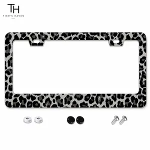 Tier's Haven Black Gray Leopard Print License Plate Frame, Cute Aesthetic Stainless Steel Car Tag Holder, Trendy Car Accessories for Women Men, 2 Hole 6.3" x 12.2" Fit US Standard Vehicles