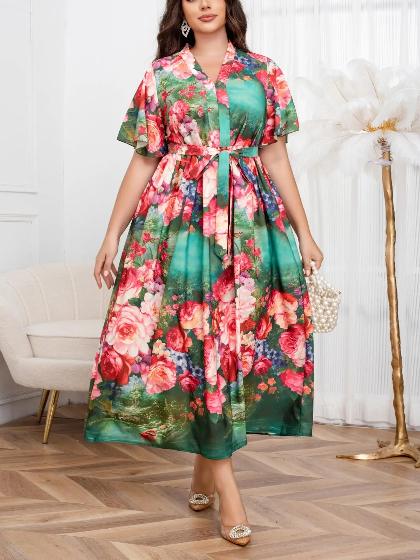 【Plus Size】 Floral Print Belted Dress, Boho Fashion Casual Long Dress for Daily Holiday Vacation Wear, Women Plus Clothing for All Seasons