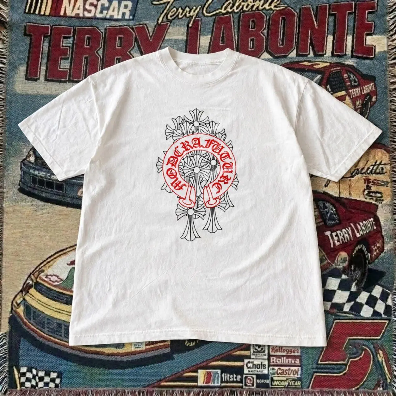 Chrome Hearts Modcraft Future Horseshoe Cross Graphic T-Shirt - Vintage White Graphic Tee, Streetwear Luxury Gothic Unisex Top