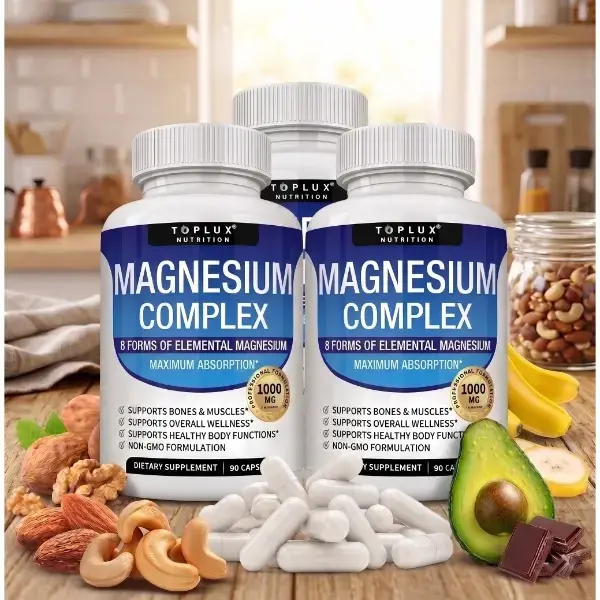 3 pack  of Nutrition Magnesium Complex 7 Elemental Sources Men Women Bone Muscle Sleep Immune Support Nature Decent Fitness Dietary Supplement Malate Taurate Chelated for Easy Absorption for Bones Muscle Recovery Energy 1000mg 90 Capsules
