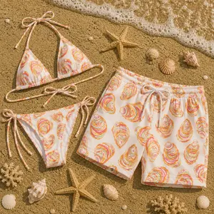 Tropical Oyster Shell Print Bikini & Men’s Swim Shorts Set, Colorful Ocean-Inspired Pattern, Summer Beachwear for Hawaii Vacations and Resort Days
