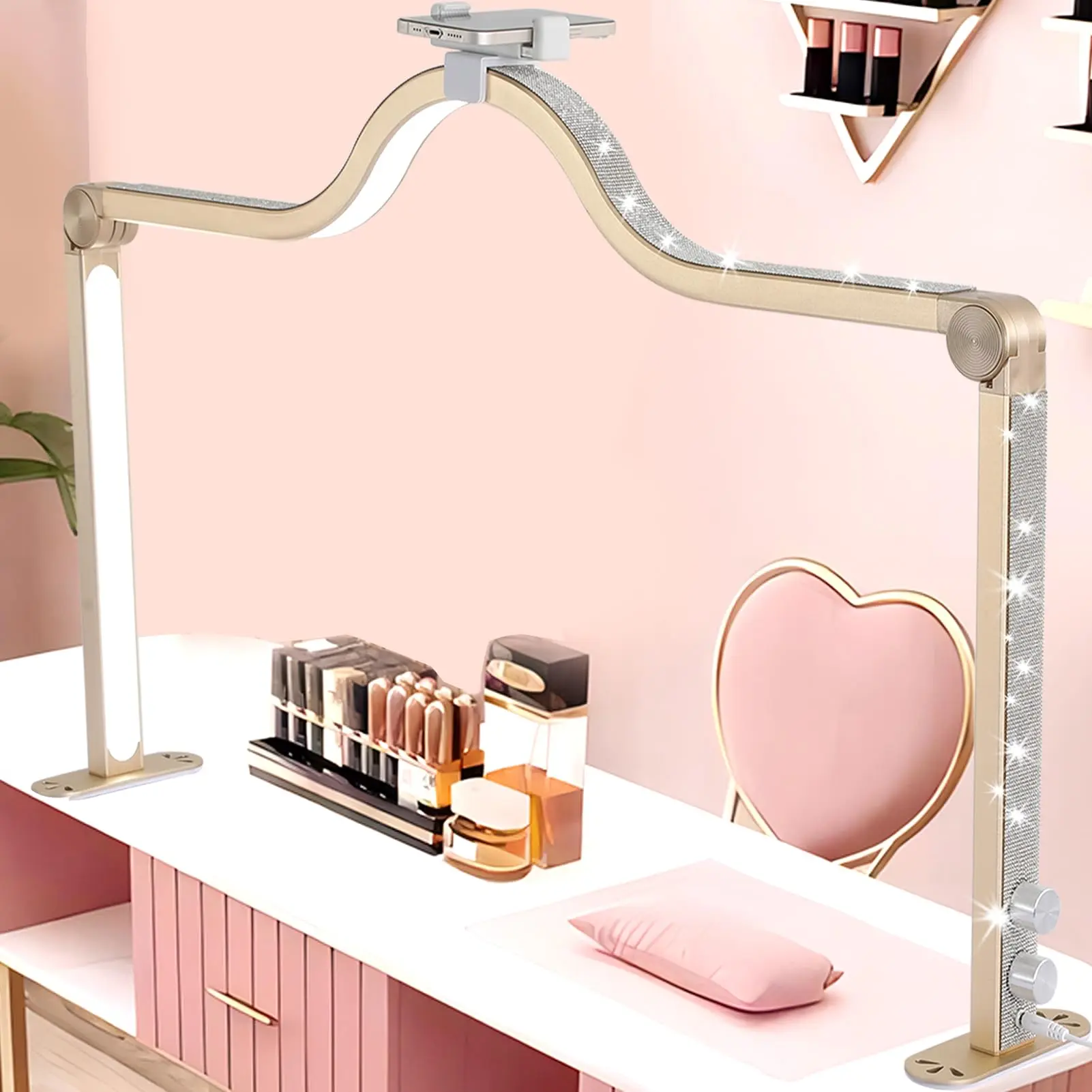 Half Moon Light for Nail Desk, 34 In Foldable Square Nail Tech Lamp, 3000-6000K Dimmable Half Moon Nail Light for Manicure, Lash Eyelash Extension, Tattoo, Eyebrows, Crafts