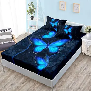 Blue Butterfly Bedding Set for Girls, Mandala Bohemian Floral Single Bed Sheet Set, Large Butterfly Print Mattress Cover, 1 Sheet + 2 Pillowcases