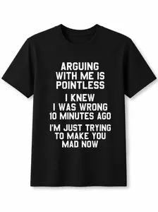 Men's Classic Short-Sleeve T-Shirt - Funny Sarcastic "Arguing With Me Is Pointless" Quote Graphic Tee, Casual Black Cotton Fabric Menswear Top