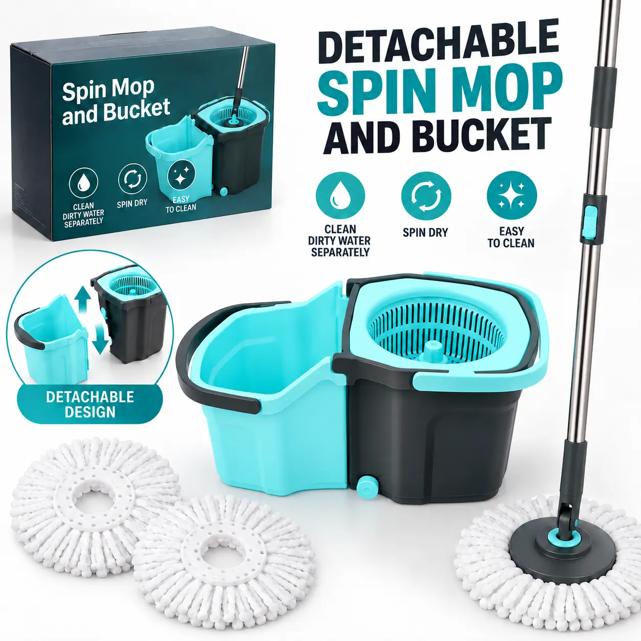 Spin Mop and Bucket Set with Detachable Two-Bucket System, 2 Replacement Mop Heads, and 360° Rotating Microfiber Mop for Floor Cleaning