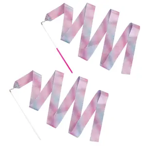 2pcs Rhythmic Dance Ribbons 78.7 Inch Gymnastics Ribbon Baton Stick Twirling Birthday Party Favors Artistic Dancing Training