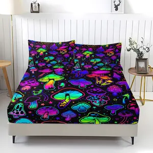 Purple mushroom print pattern bed sheet, comfortable print pattern, including 1 bed sheet and 2 pillowcases, comfortable bedding, anti slip dust cover suitable for bedrooms and guest rooms, suitable for children and adults as gifts