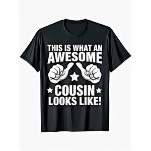Men'S Funny "Awesome Cousin" Graphic T-Shirt - 100% Casual Short Sleeve Round Neck Tee with Thumbs-Up Design & "This Is What an Awesome Cousin Looks Like!" Slogan - Slightly Elastic Unisex Fit for Family Events, Cousins Matching Outfits (Sizes S-XXX