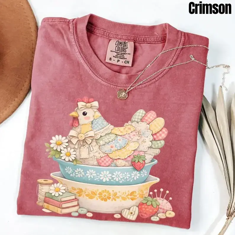 [Sale Up To 50%] Patchwork Vintage Chicken Pyrex Inspired T-Shirt, Comfort Colors Quilted Hen on Nest, Grandma Core Vintage Kitchenware Shirt, Printed Shirt