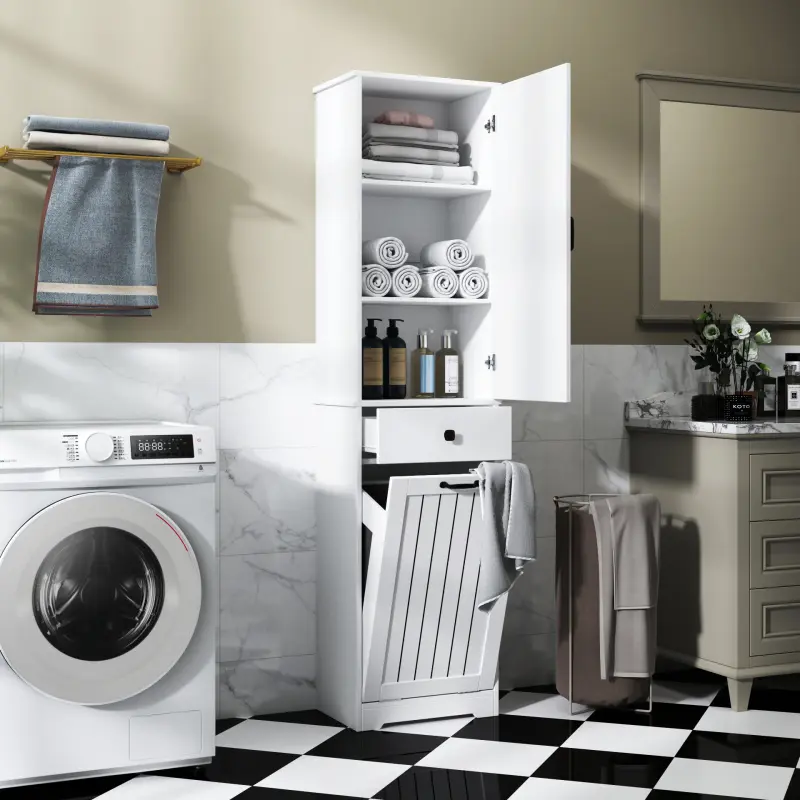 Modern White Laundry Cabinet with 1 Storage Cupboard and 1 Single Drawer