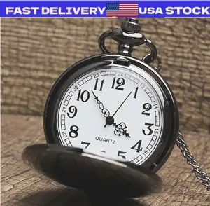 Mens Pocket Watch Quartz White Dial Stainless Steel Case Arabic Numerals Luxury