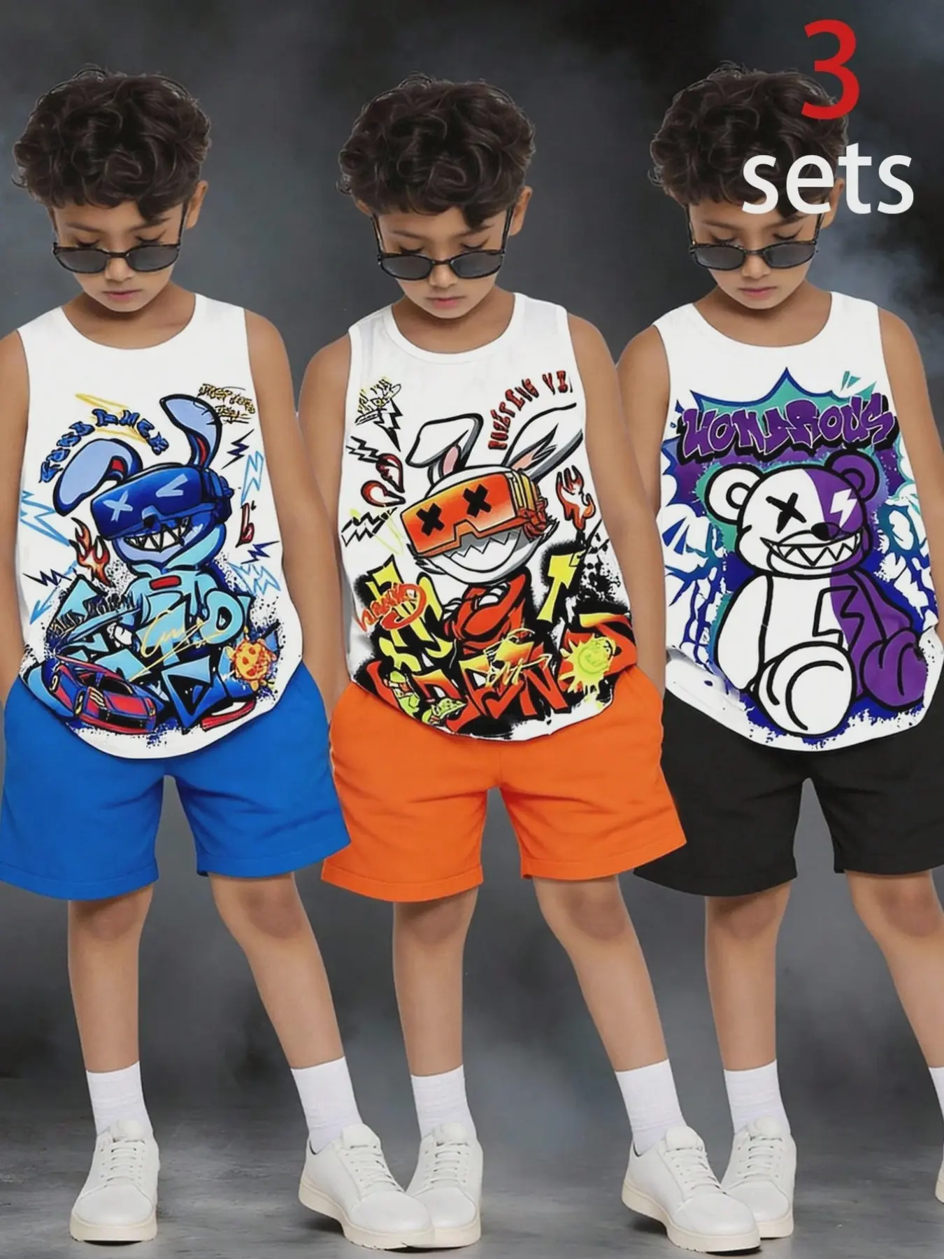 Boys' Fashionable Cute Tank Top and Shorts Set, Summer Clothing Set, 3-Piece Striped Print Design, Perfect Gift for Home and Outdoors, Stylish Kids Wear, Clothes Sets