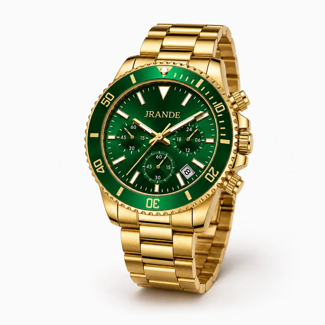 【TikTokShopStockUp】JRANDE Men's Chronograph Watch, 43mm Green Dial, Gold-Tone Stainless Steel Bracelet, Quartz Movement, Luminous Hands, Date Window, 30M Water Resistant, Gift Box