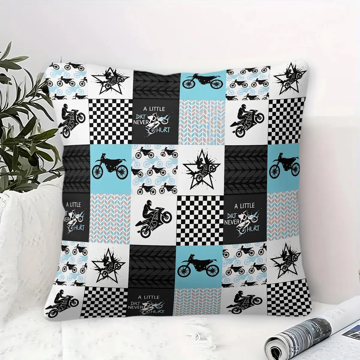 Dirt Bike Motocross Theme Throw Pillow with Pillow Insert,Off-Road Racing Patchwork Print Decorative Cushion,Checkered Flag Motif Accent Pillow,Soft Square Pillow for Boys Teen Couch,Bedroom,Dorm & Living Room,Great Gift for Motocross Racing Fans