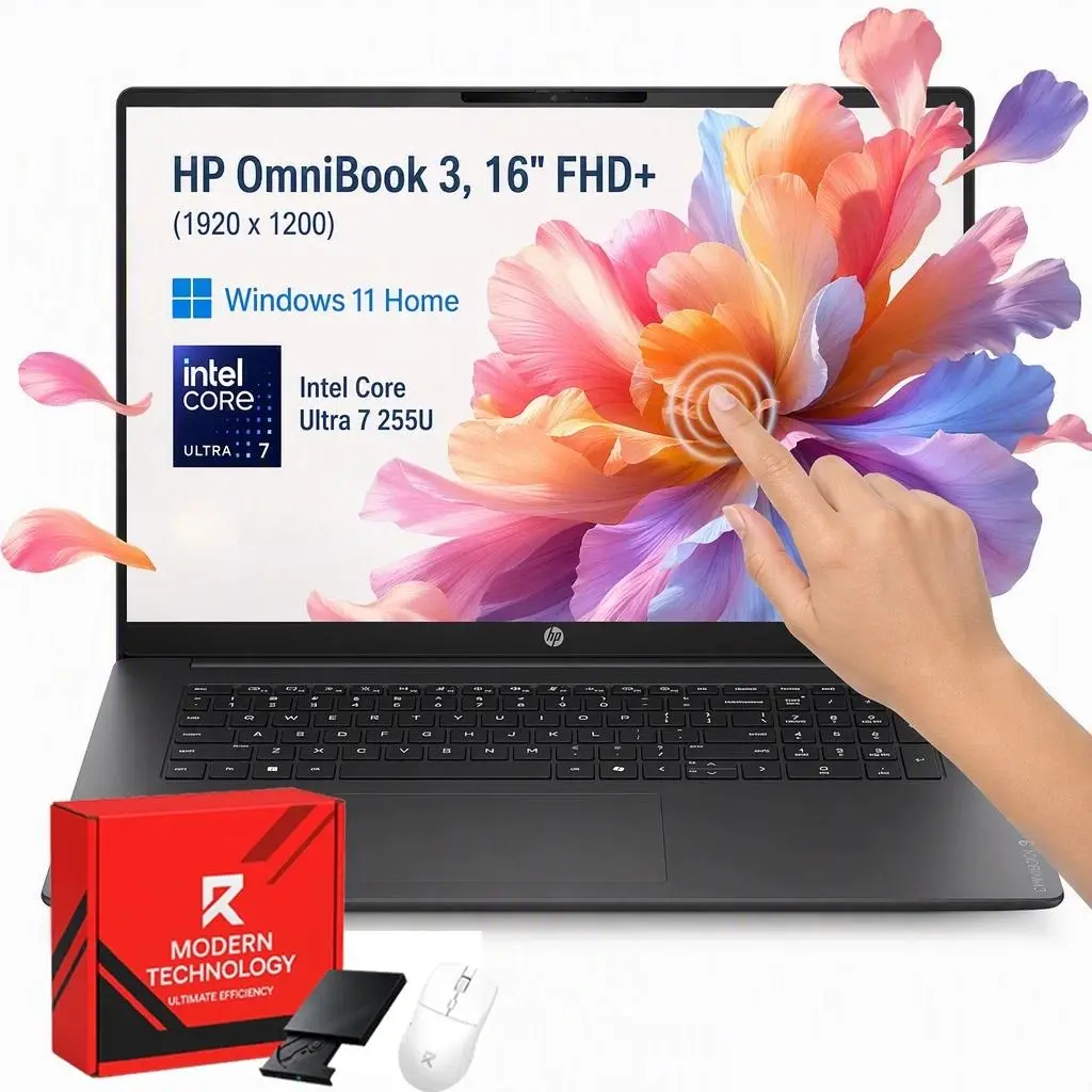HP OmniBook 3 16" FHD+ Touchscreen Business Laptop, Intel Ultra 7 255U, 16GB DDR5, 512GB SSD, Windows 11 Home w/Accessory