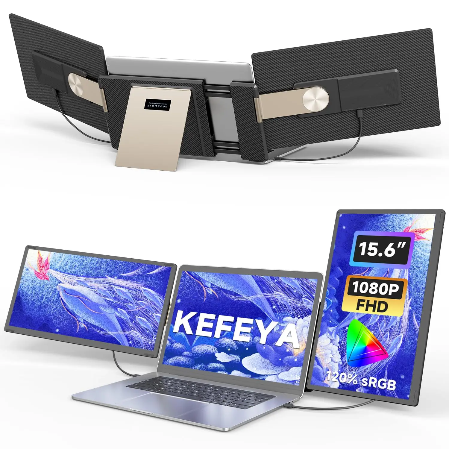 KEFEYA Laptop Screen Extender 15.6", FHD 1080P Portable Triple Monitor for Laptops 13-17.3", 120% sRGB 235° Rotation Detachable Laptop Monitor Extender for Windows/Mac/Dex/Chrome/Surface, Plug n Play