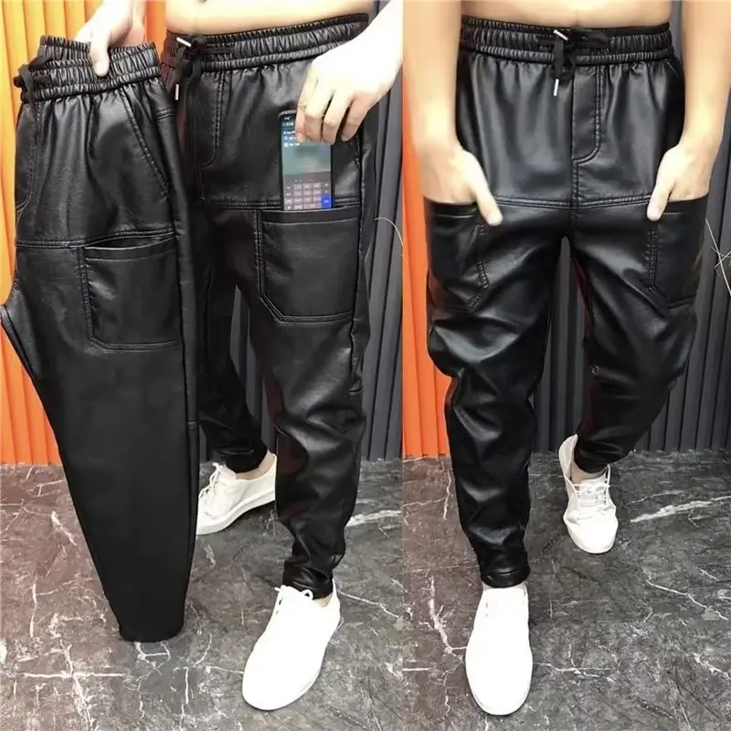 Men's Spring/Autumn Faux Leather Pants — Casual, Waterproof, and Easy-Care Trousers | Trendy Black Joggers | Biker-Style PU Slim-Fit Long Pants