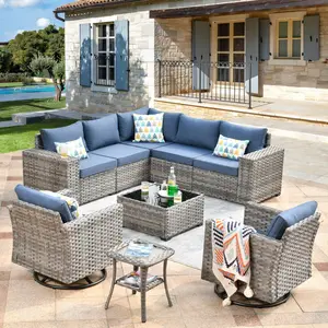 Wicker Outdoor Patio Furniture Set - 9-Piece Set with Rocking Swivel Chair, Sectional Sofa & Coffee Table for Garden, Backyard, Free Combination