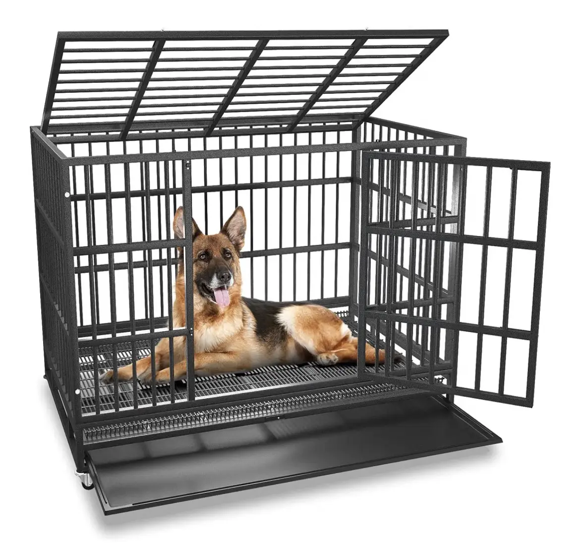 48 inch Heavy Duty Indestructible and Escape-Proof Dog Crate Cage Kennel for Large Dogs, High Anxiety Dog Crate with Removable Wire Trays and Wheels, Extra Large XL XXL, Black