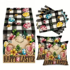 7pcs,Easter Table Decor Set, Rectangular Placemats, Pillow Covers, Table Runner, Buffalo Check Rabbit Egg Floral Design, Family Gathering Dining Decoration